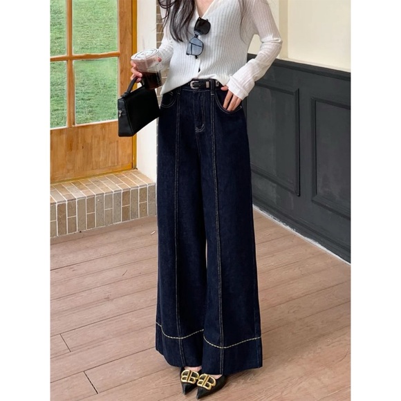 Commense Wide Leg Contrast Stitching High Rise Dark Wash Blue Denim Jeans XS - Picture 4 of 8